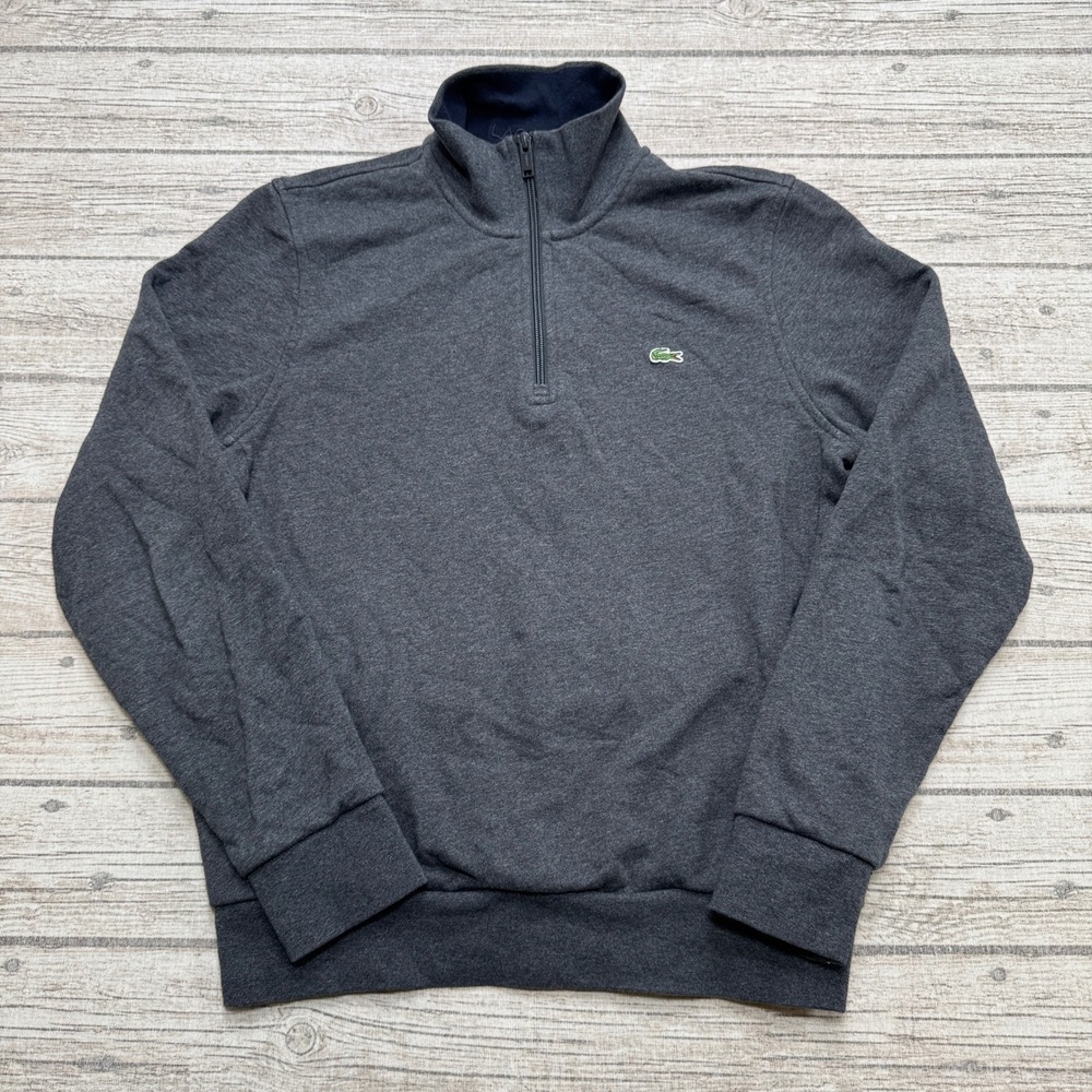 Lacoste Sweater Men's Medium Gray Heather Fleece Quarter Zip Pullover Athletic